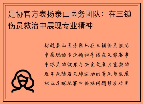 足协官方表扬泰山医务团队：在三镇伤员救治中展现专业精神